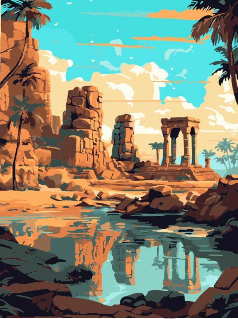 Hampi stone ruins and reflection pool paint by numbers artwork