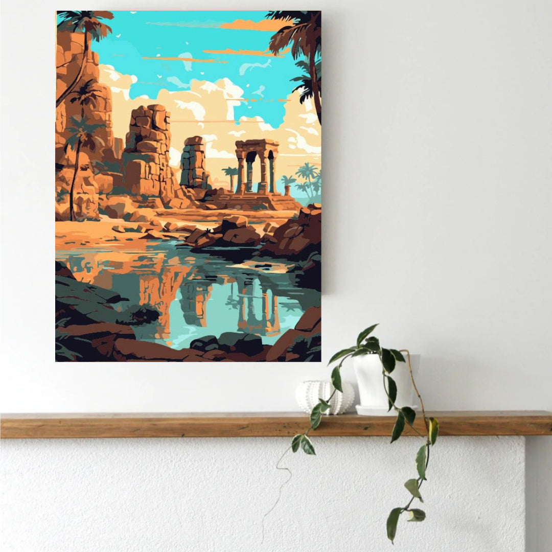 Hampi Stone Ruins paint by numbers canvas mocked up in a living room