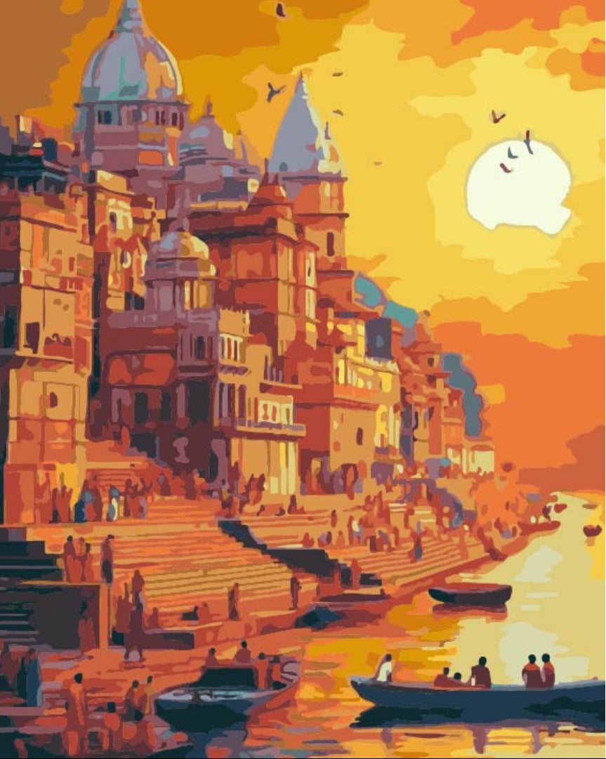 Varanasi ghats at sunrise paint by numbers artwork with temple domes and river boats