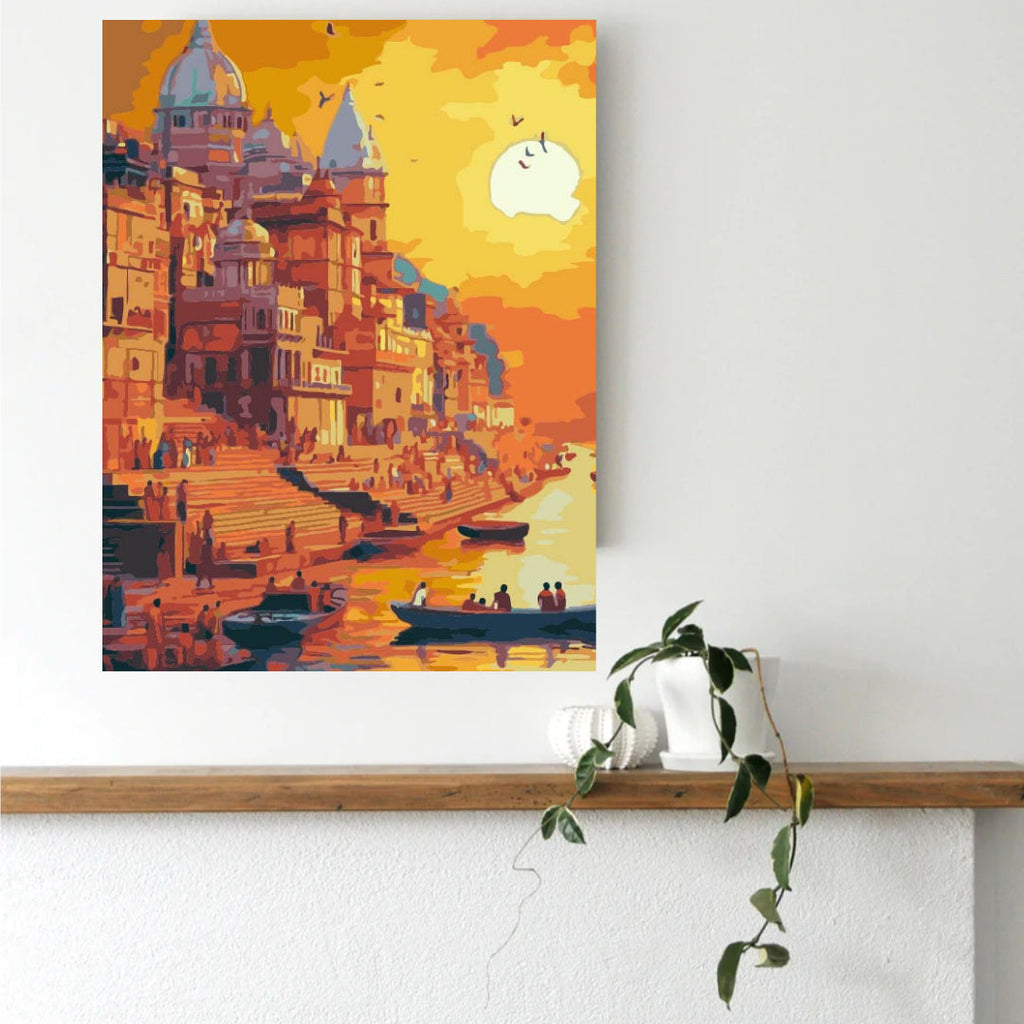 Framed Varanasi paint by numbers canvas displayed on a living room wall