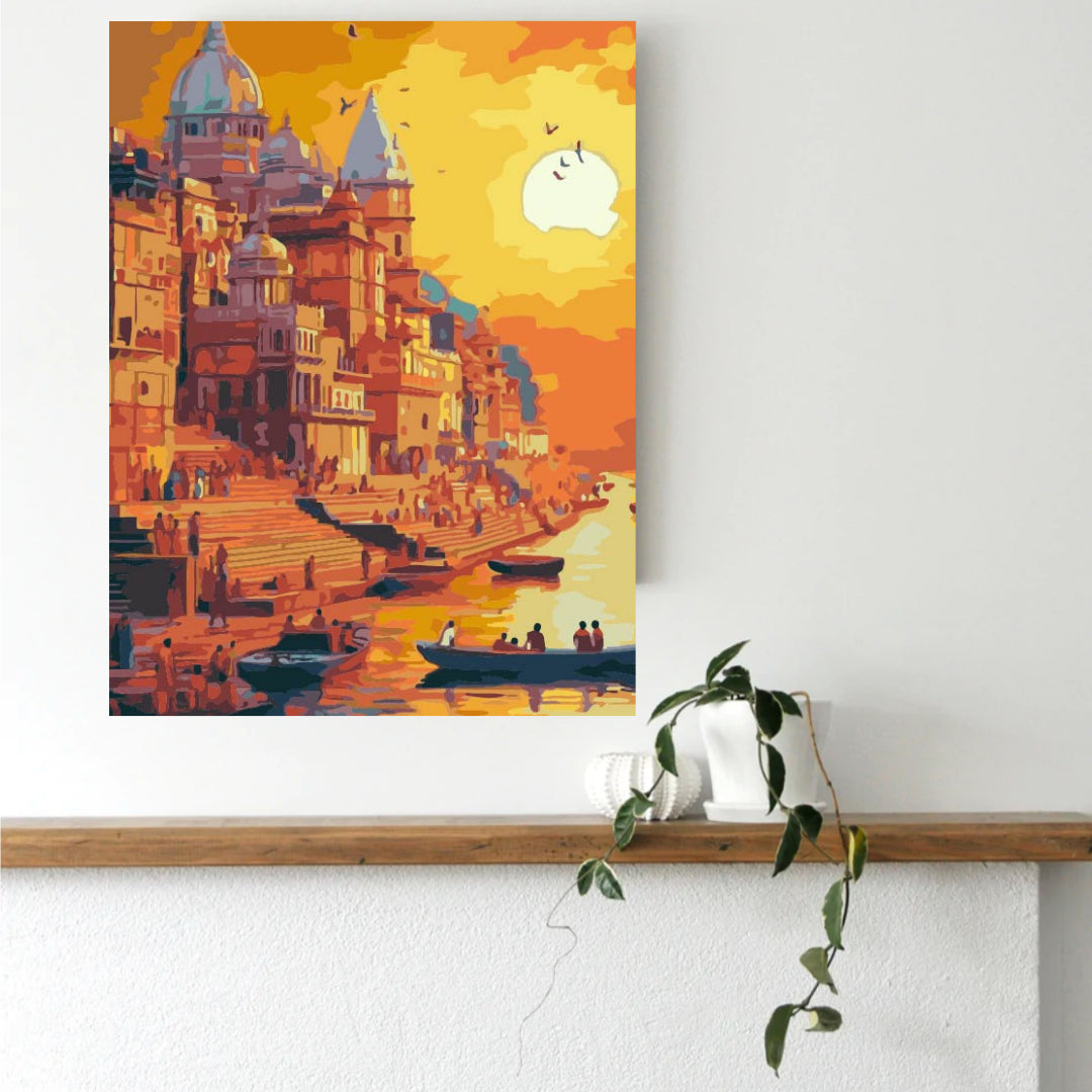 Framed Varanasi paint by numbers canvas displayed on a living room wall