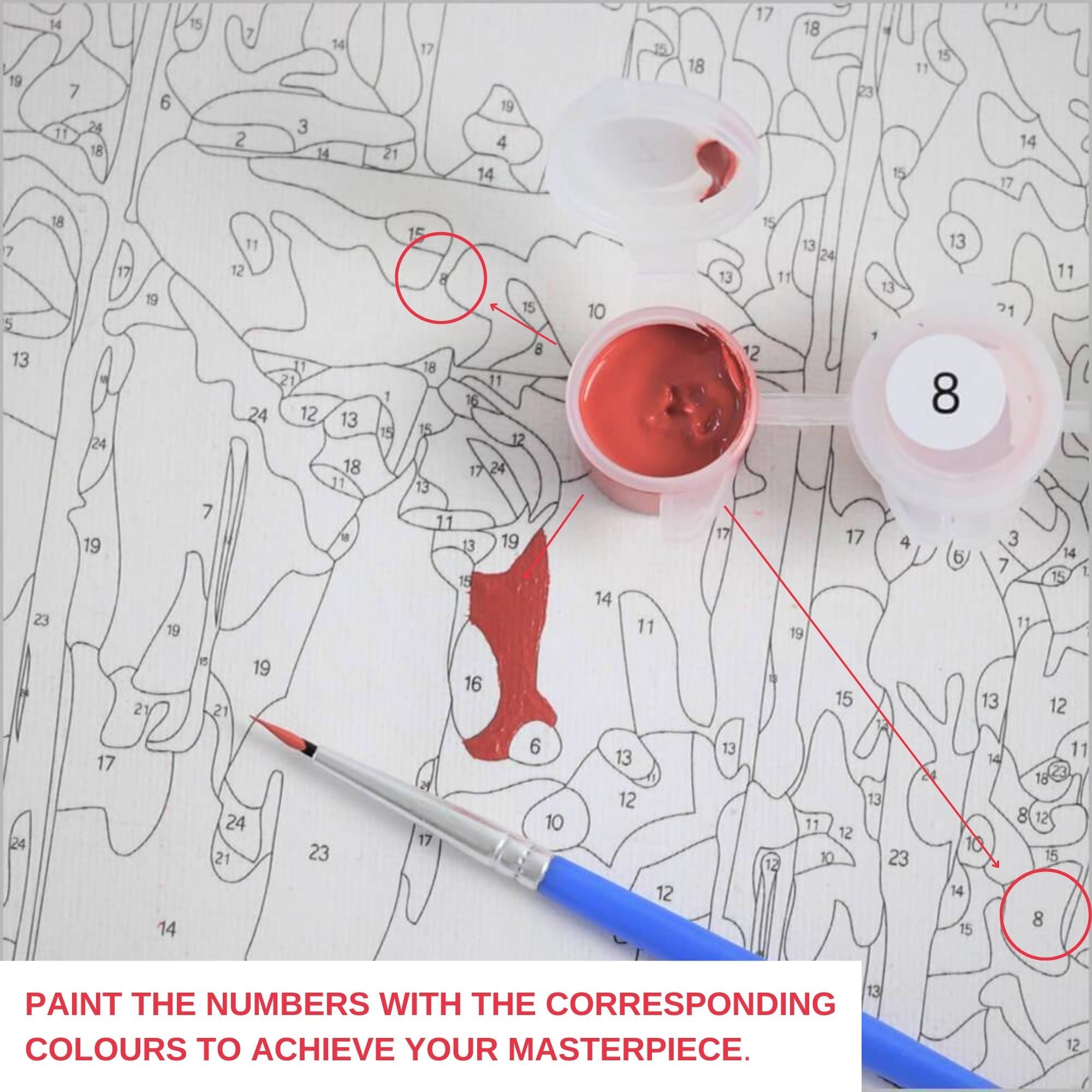 Close-up of numbered outlines on the koi fish and lily pads