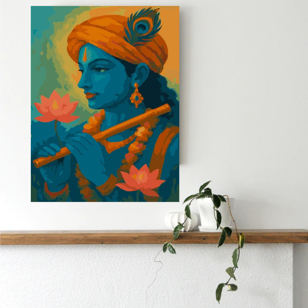 Framed Krishna paint by numbers canvas hung above a console table