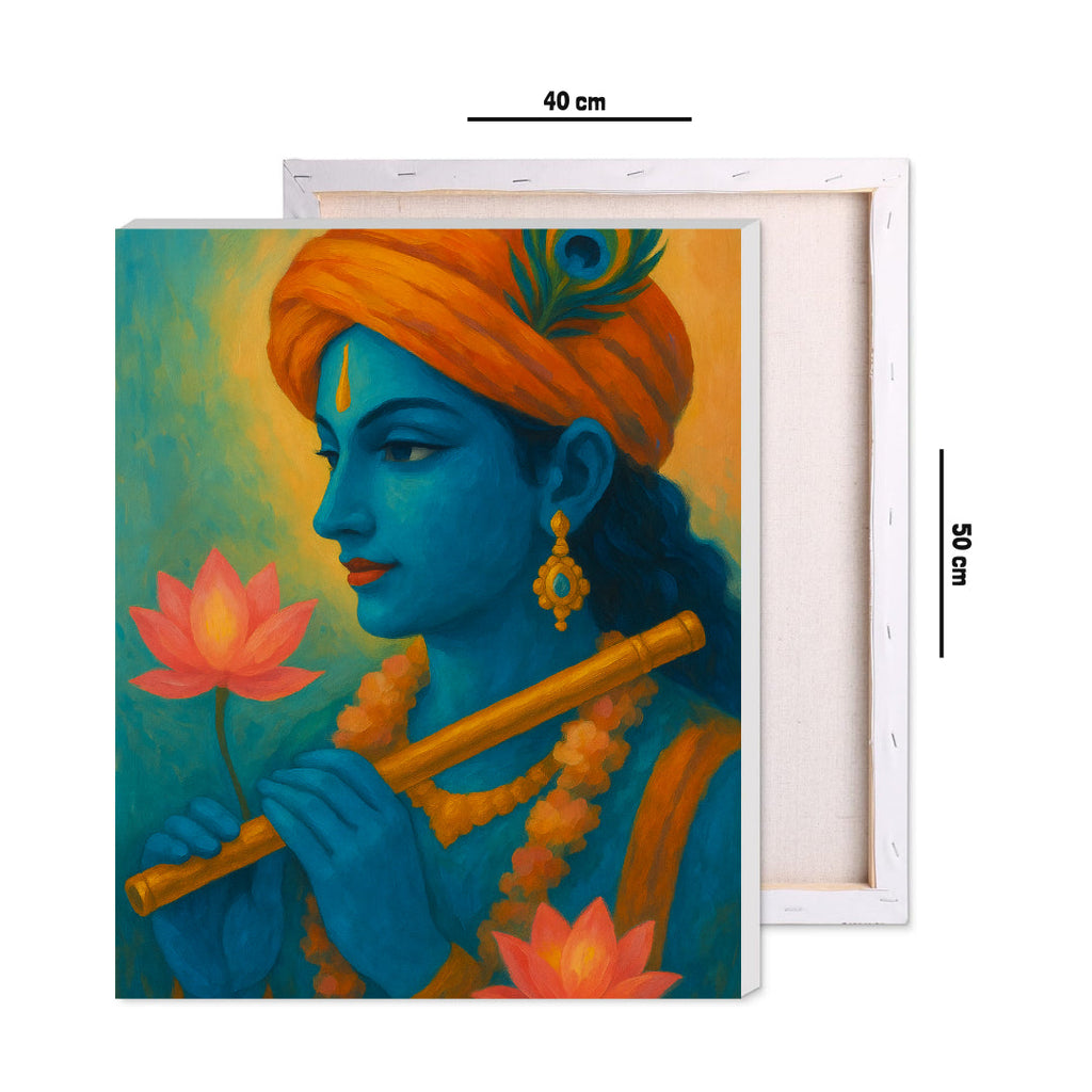 Close-up of the framed 40 × 50 cm Krishna canvas showing finished size