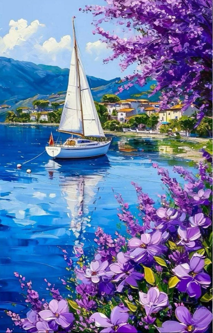Lavender Lake Escape paint by numbers artwork with a sailboat and blooming lavender