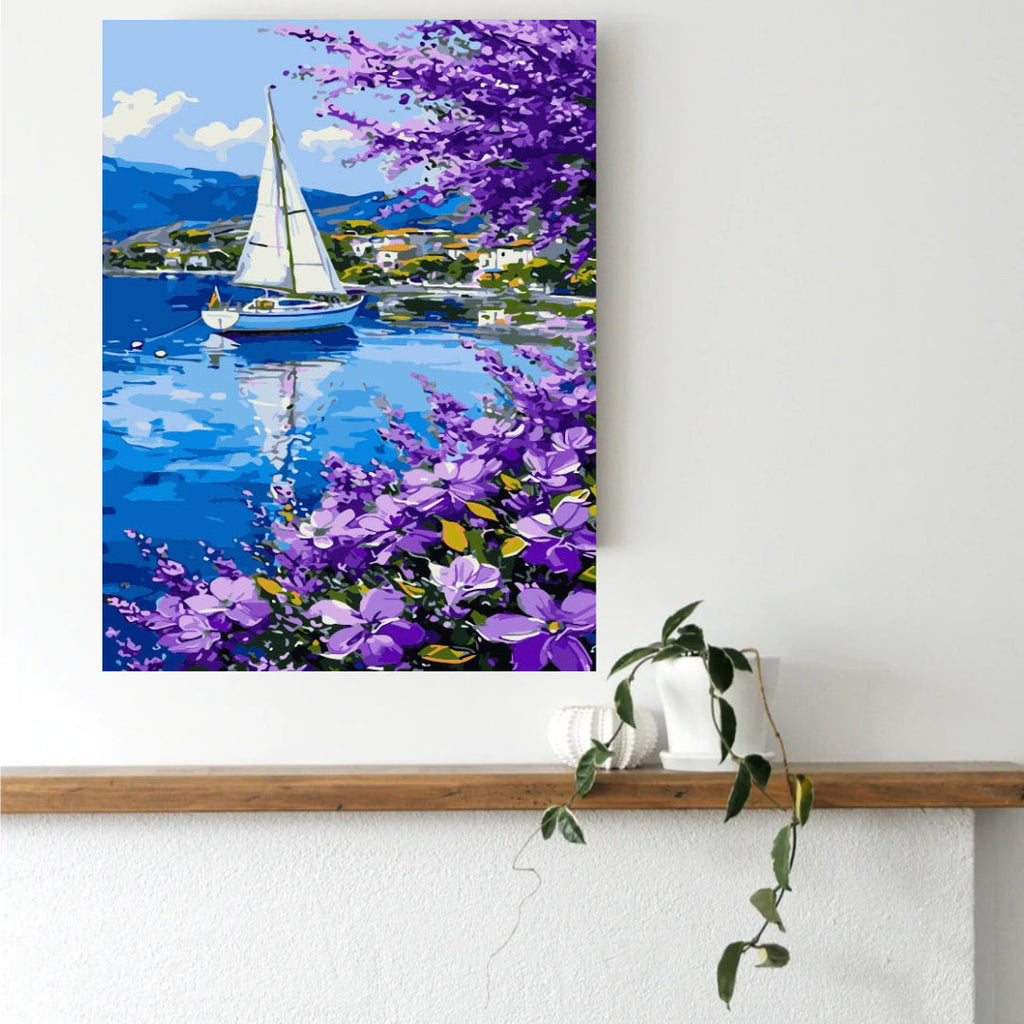 Framed lavender and sailboat paint by numbers canvas styled on a shelf