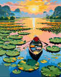 Lotus Sunset Lake paint by numbers artwork with a boatman rowing through lily pads