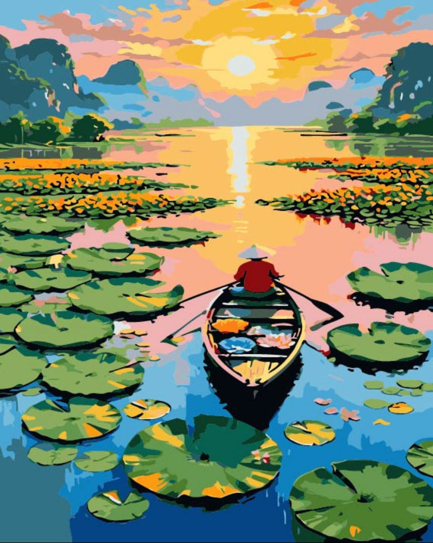 Lotus Sunset Lake paint by numbers artwork with a boatman rowing through lily pads