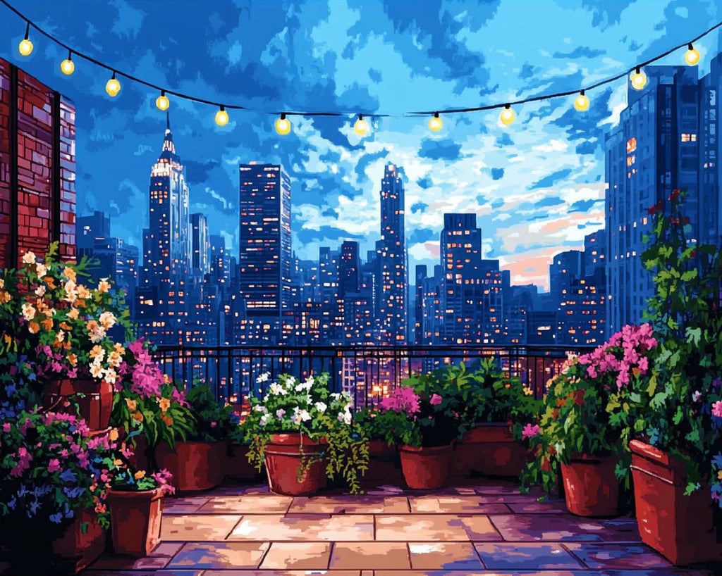 Love Through the Roofs paint by numbers artwork of a rooftop garden and city skyline