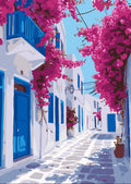 Mediterranean Escape paint by numbers artwork of a bougainvillea-lined Greek alley