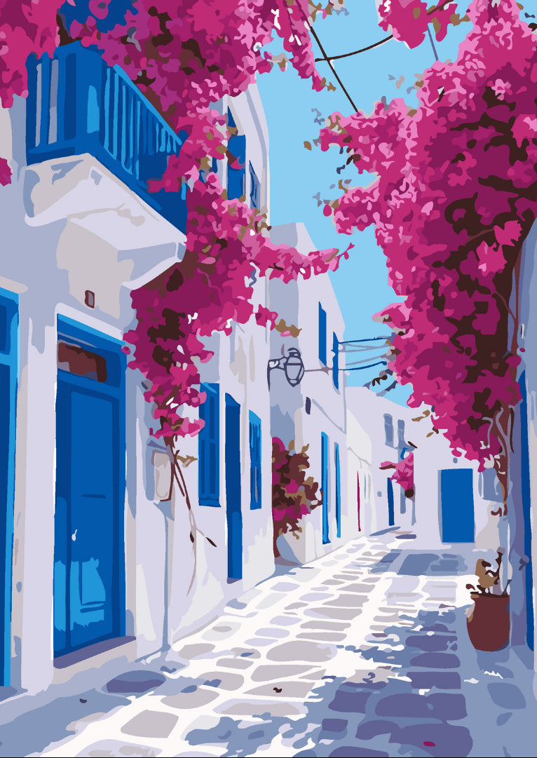 Mediterranean Escape paint by numbers artwork of a bougainvillea-lined Greek alley