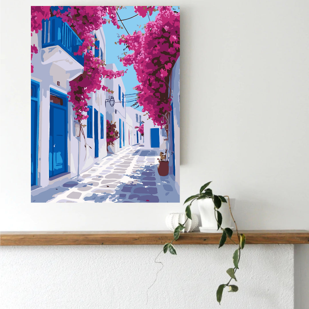 Framed Greek island paint by numbers canvas displayed in a hallway