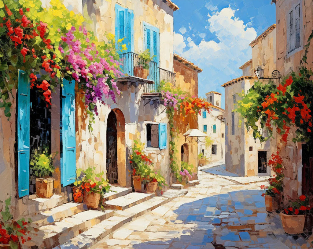 Old Town Bloom paint by numbers artwork of a flower-filled European village street