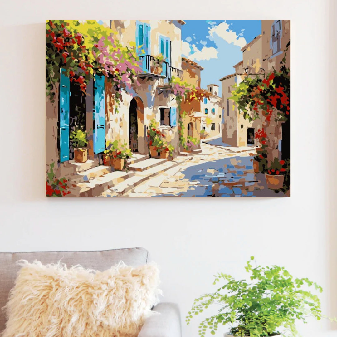Framed old town paint by numbers canvas styled on a console table