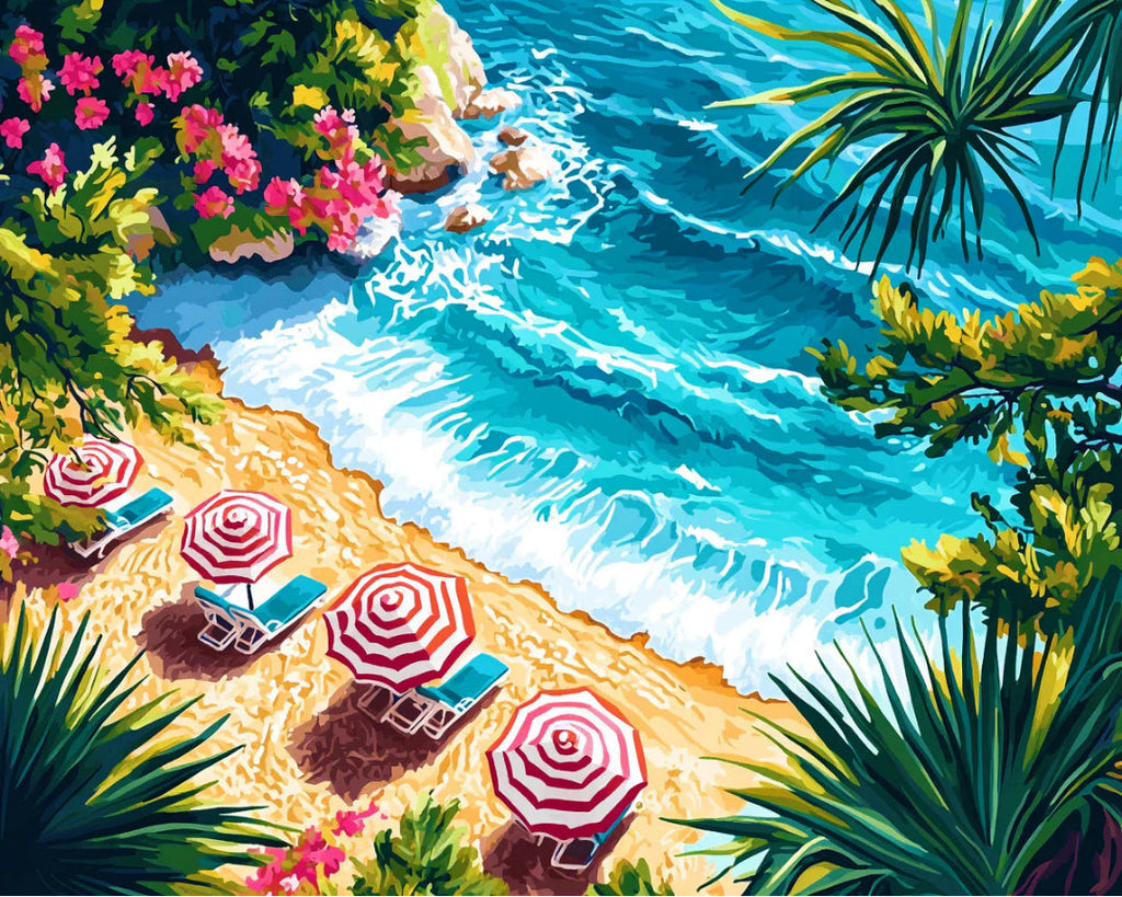 Paradise Beach Getaway paint by numbers artwork of a turquoise cove with striped umbrellas