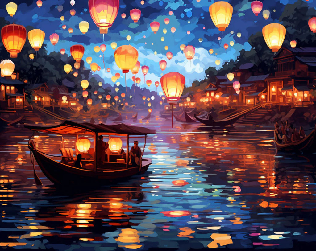 River of Lanterns paint by numbers artwork with glowing lanterns over a night river