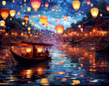 River of Lanterns paint by numbers artwork with glowing lanterns over a night river