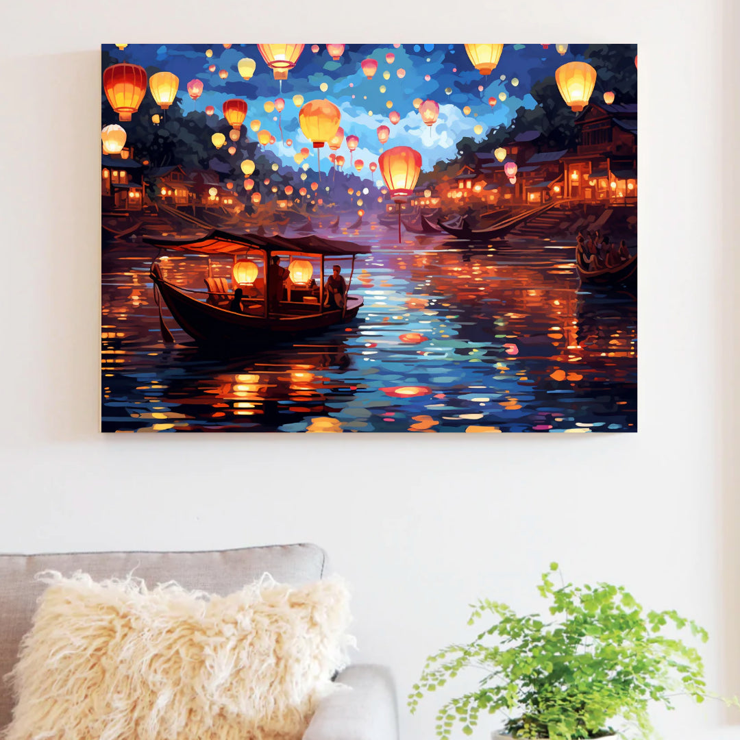 Framed lantern festival paint by numbers canvas displayed in a dimly lit room