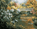 Autumn footbridge and swan pond paint by numbers artwork in gold and rust tones
