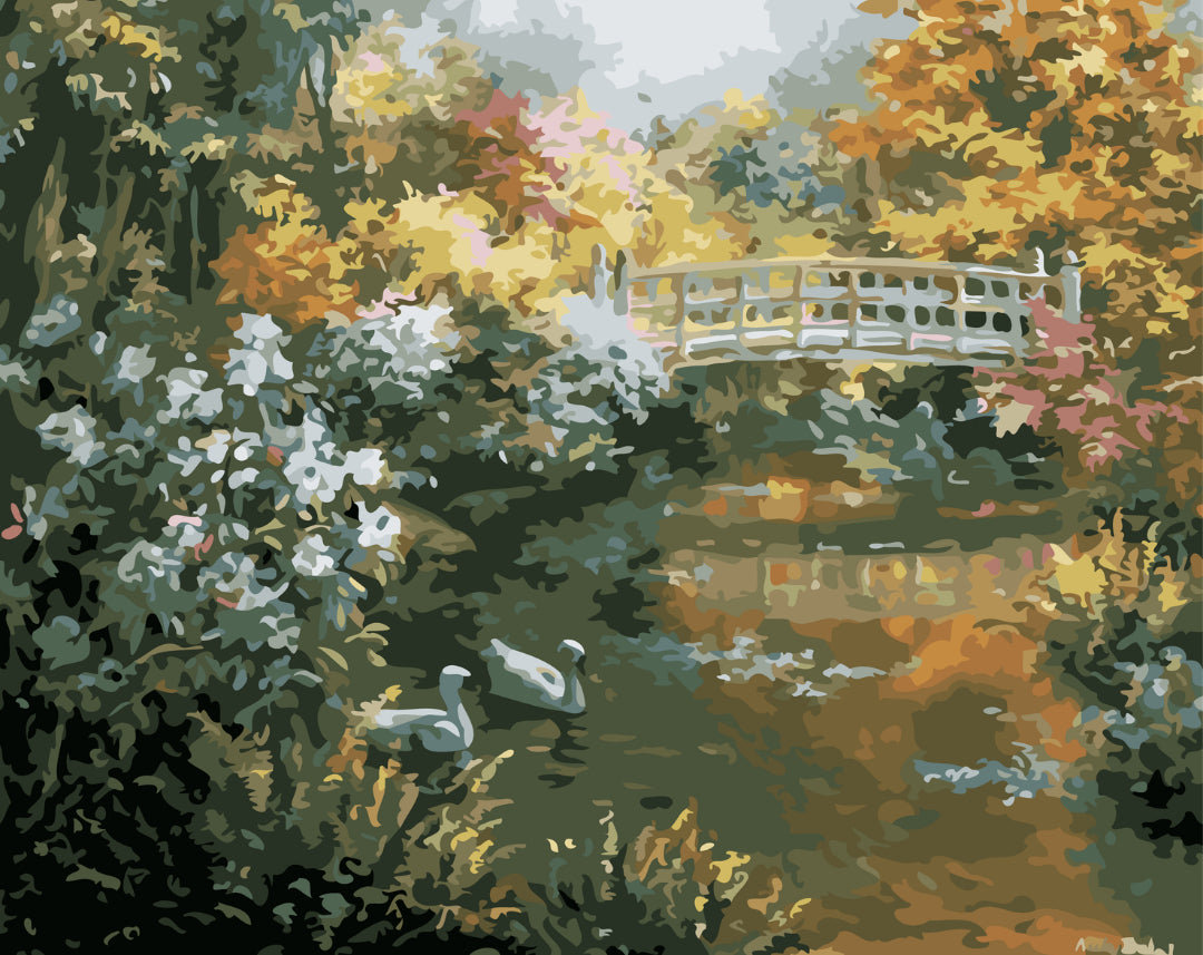 Autumn footbridge and swan pond paint by numbers artwork in gold and rust tones