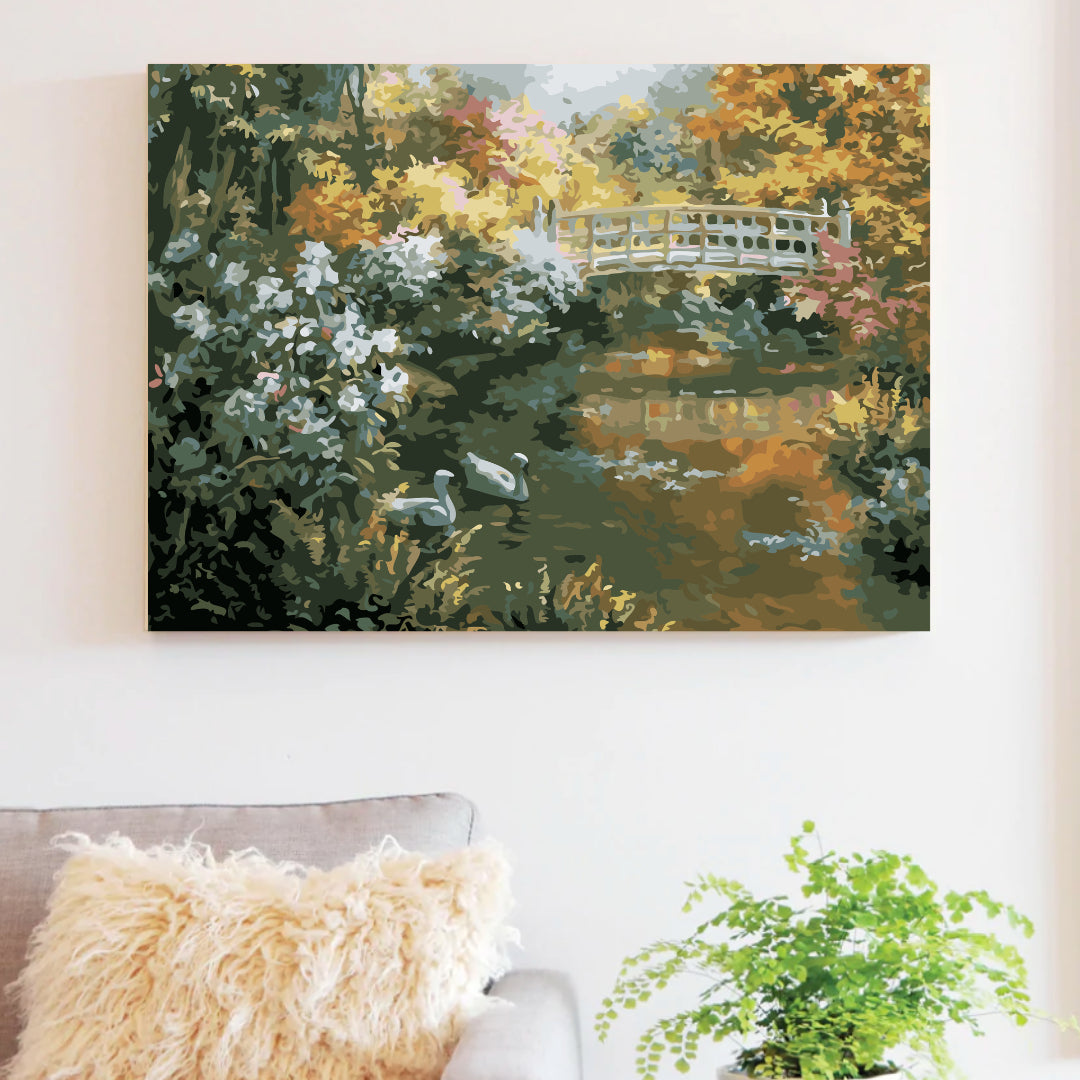 Riverside Calm paint by numbers canvas styled on a living room wall