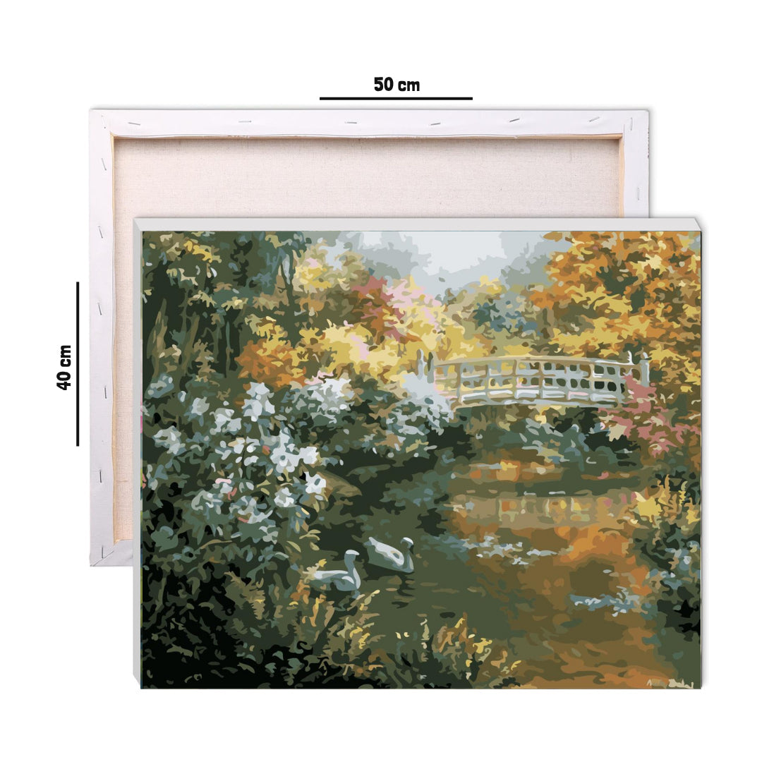 Framed 40 by 50 cm paint by numbers canvas showing autumn bridge dimensions
