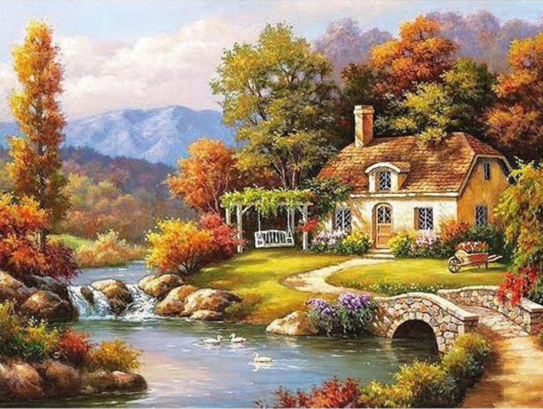 Stone cottage by a mountain stream paint by numbers artwork with autumn trees