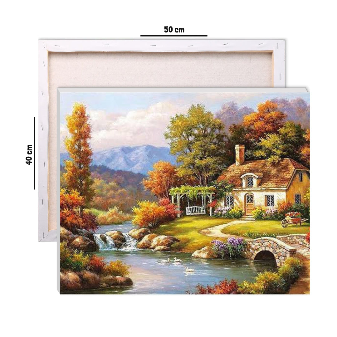 Framed 40 by 50 cm paint by numbers canvas showing cottage scene dimensions