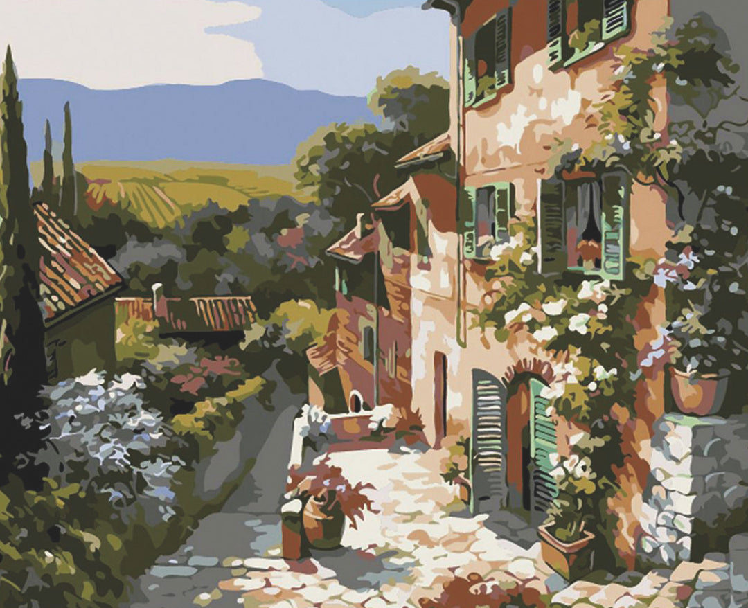 Tuscan village lane with terracotta houses paint by numbers artwork