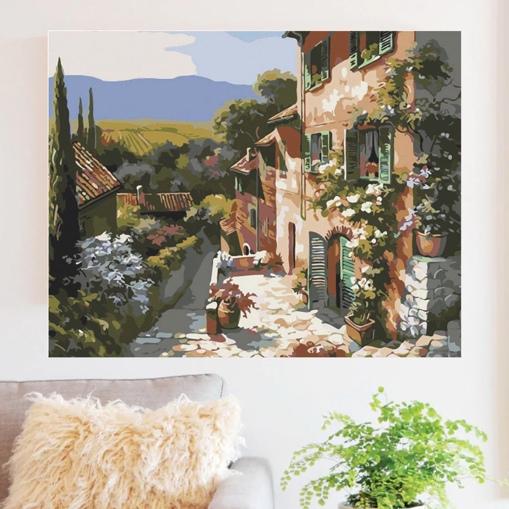 Romantic Italy paint by numbers canvas styled as wall art in a hallway