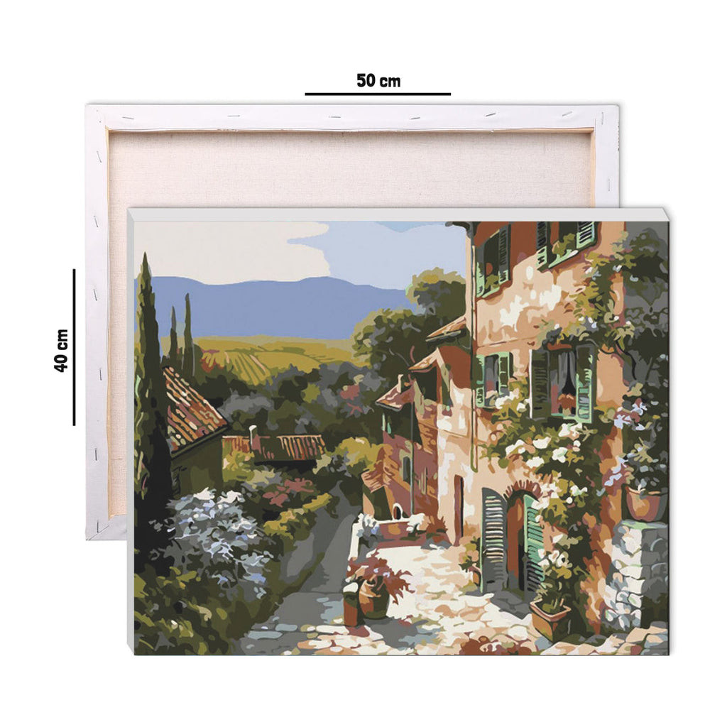 Framed 40 by 50 cm paint by numbers canvas showing Tuscan lane dimensions
