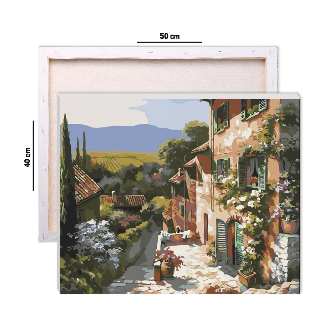 Framed 40 by 50 cm paint by numbers canvas showing Tuscan lane dimensions