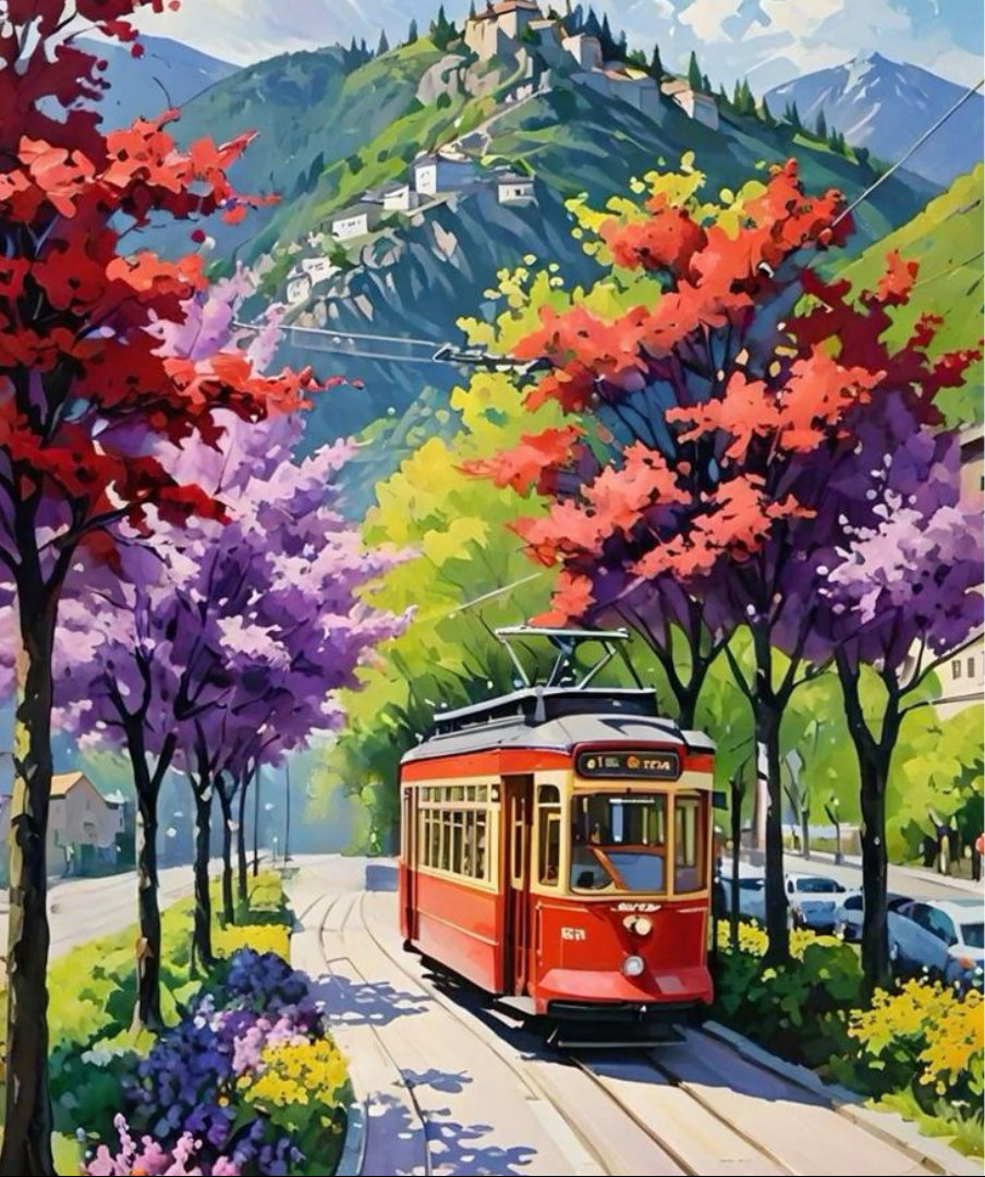 Red vintage tram on a blossom-lined mountain street paint by numbers artwork
