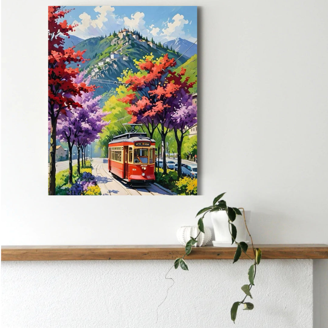 Scenic Mountain Ride paint by numbers canvas mocked up above a console table