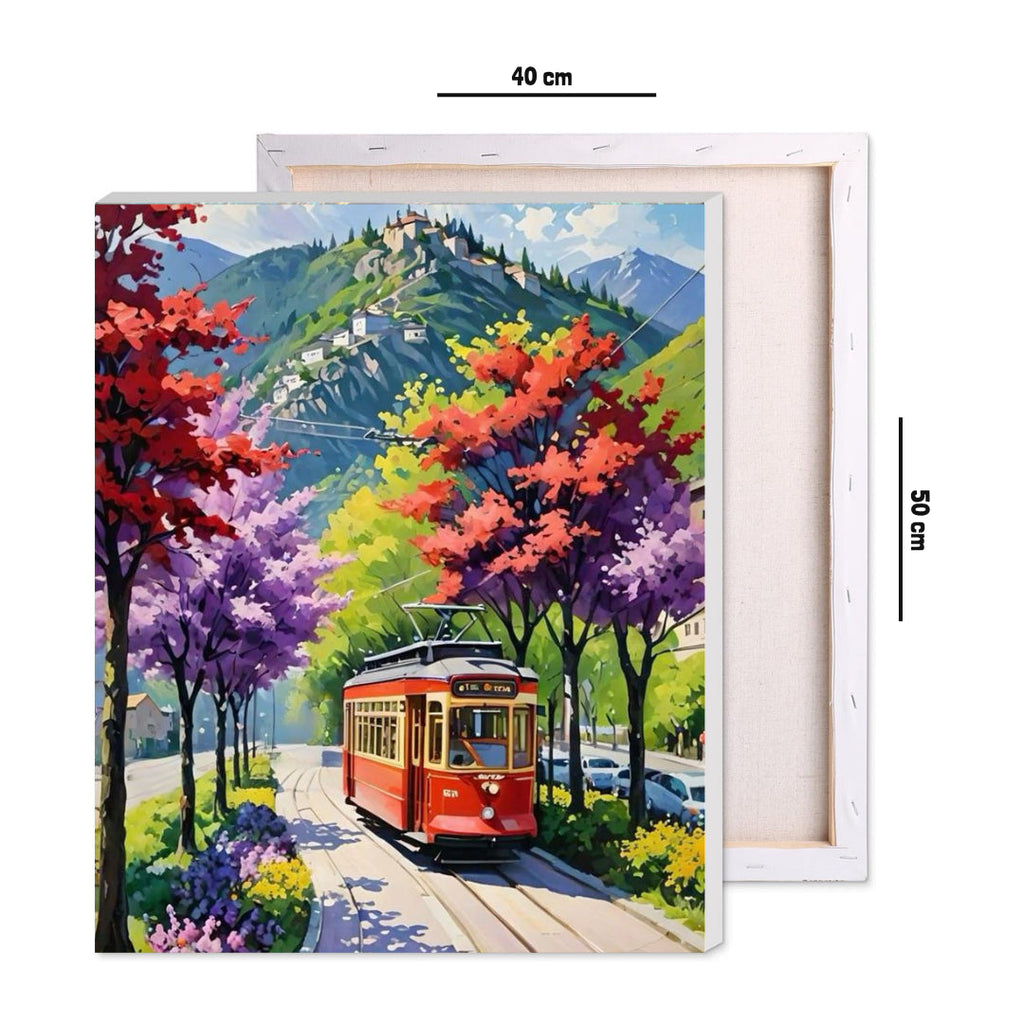 Framed 40 by 50 cm paint by numbers canvas showing tram scene dimensions