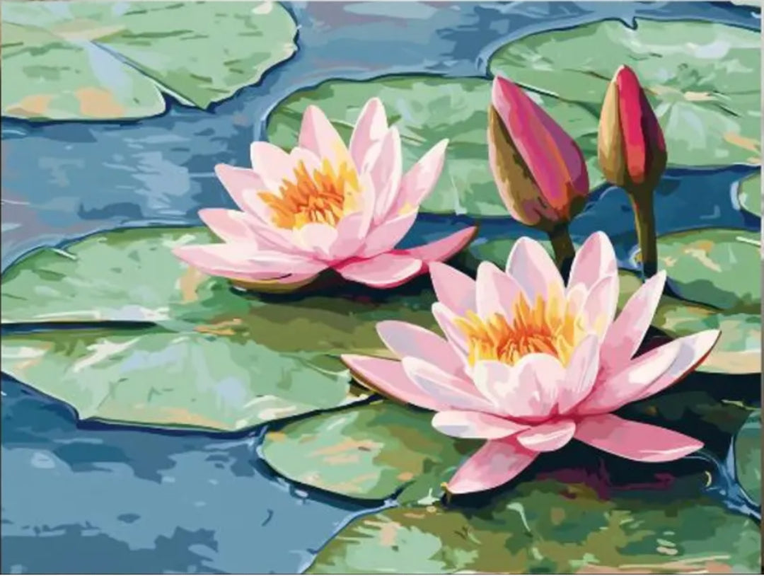 Pink lotus flowers on lily pads paint by numbers artwork close-up
