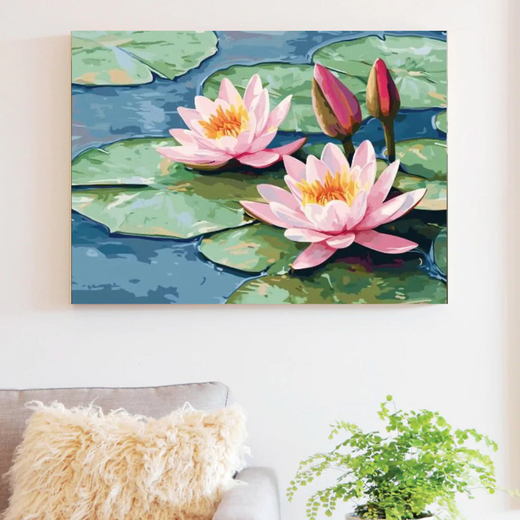 Serene Lotus paint by numbers canvas styled as wall art above a shelf