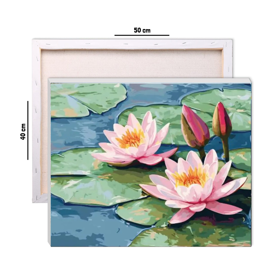 Framed 40 by 50 cm paint by numbers canvas showing lotus pond dimensions