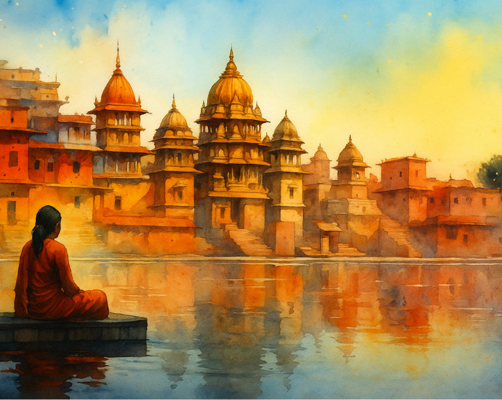 Woman in a red saree at Varanasi ghats paint by numbers artwork at golden hour