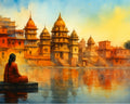 Woman in a red saree at Varanasi ghats paint by numbers artwork at golden hour