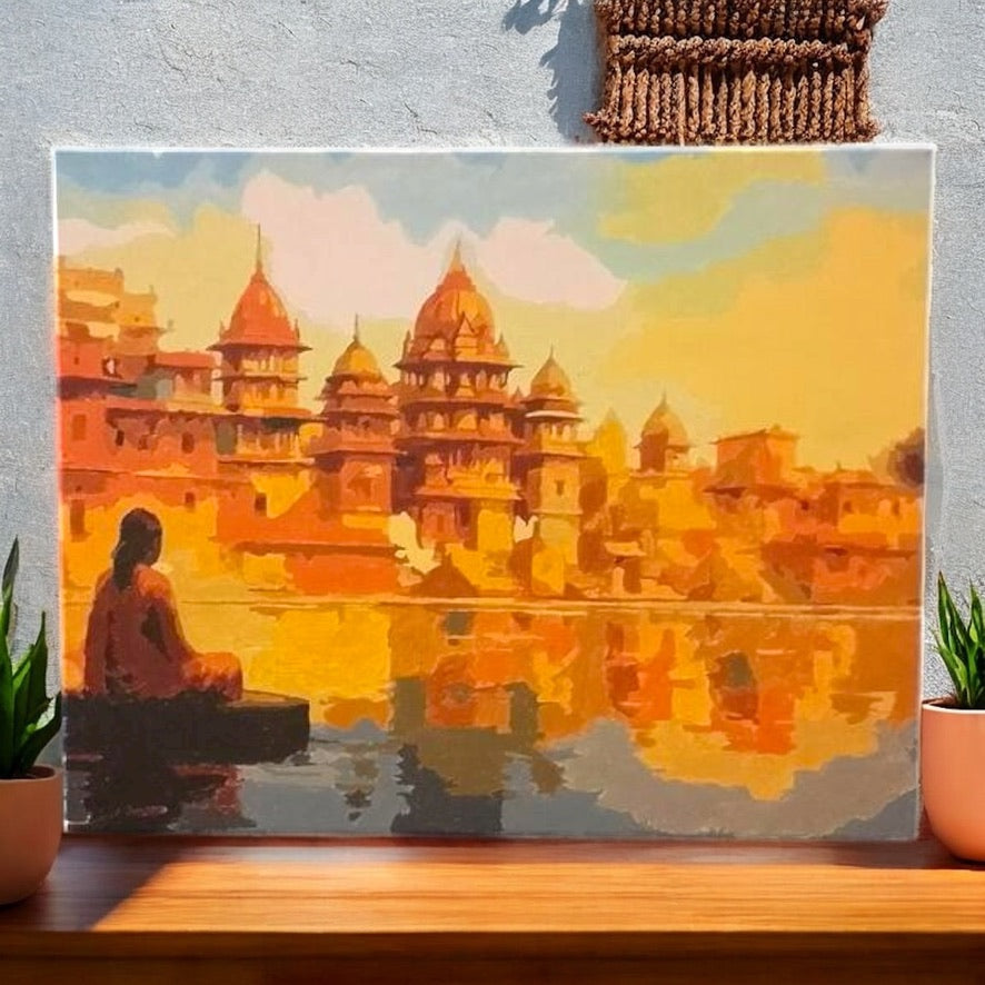 Serenity by the Ghats paint by numbers canvas styled on a living room wall