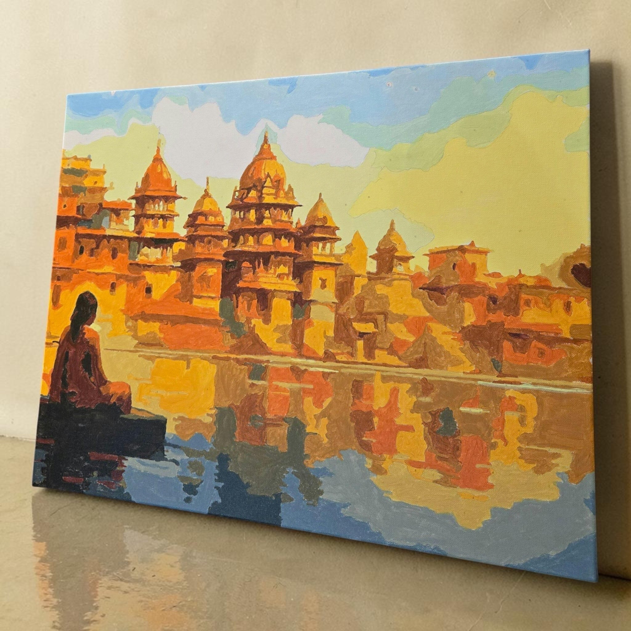 Framed 40 by 50 cm paint by numbers canvas showing Varanasi ghats dimensions