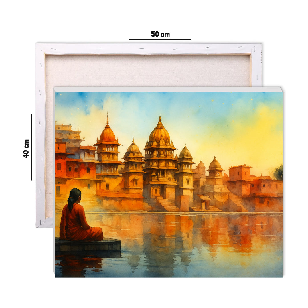 Serenity by the Ghats canvas mocked up above a console table with decor