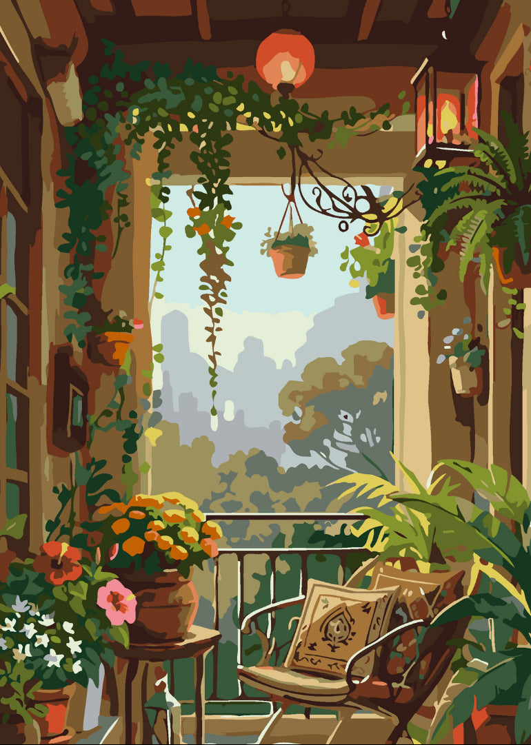 Plant-filled balcony nook with wicker chair paint by numbers artwork