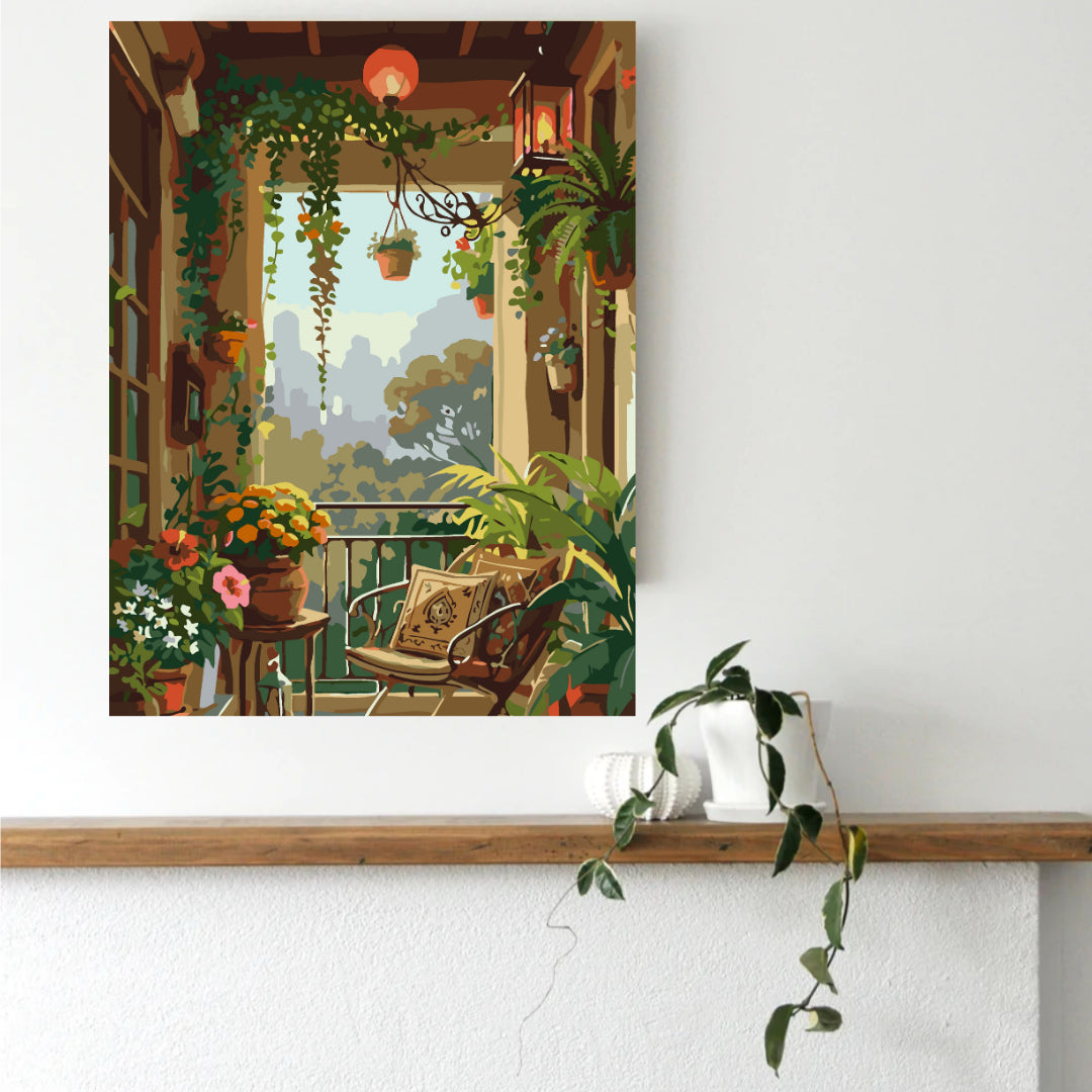 The Cozy Nook paint by numbers canvas styled as wall art in a reading corner