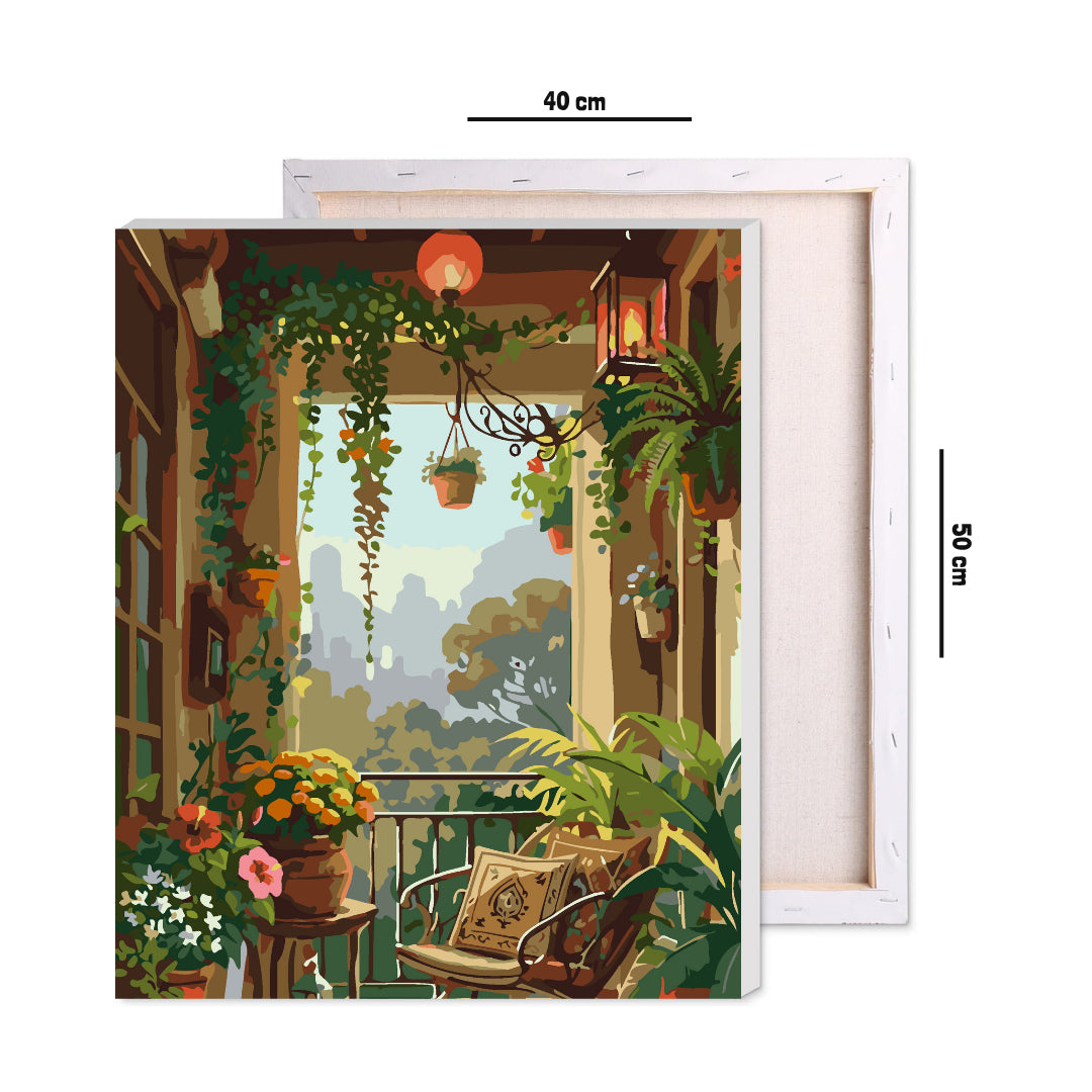 Framed 40 by 50 cm paint by numbers canvas showing balcony nook dimensions