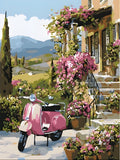 Pink Vespa scooter under bougainvillea paint by numbers artwork