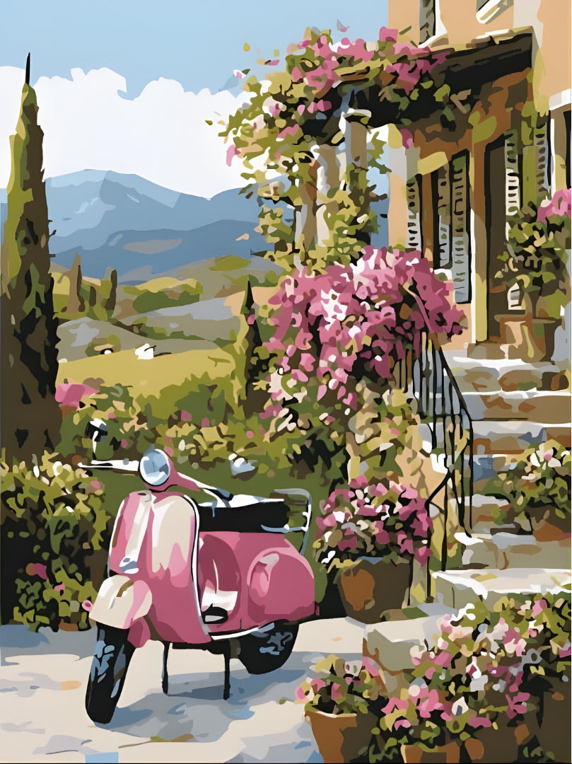 Pink Vespa scooter under bougainvillea paint by numbers artwork