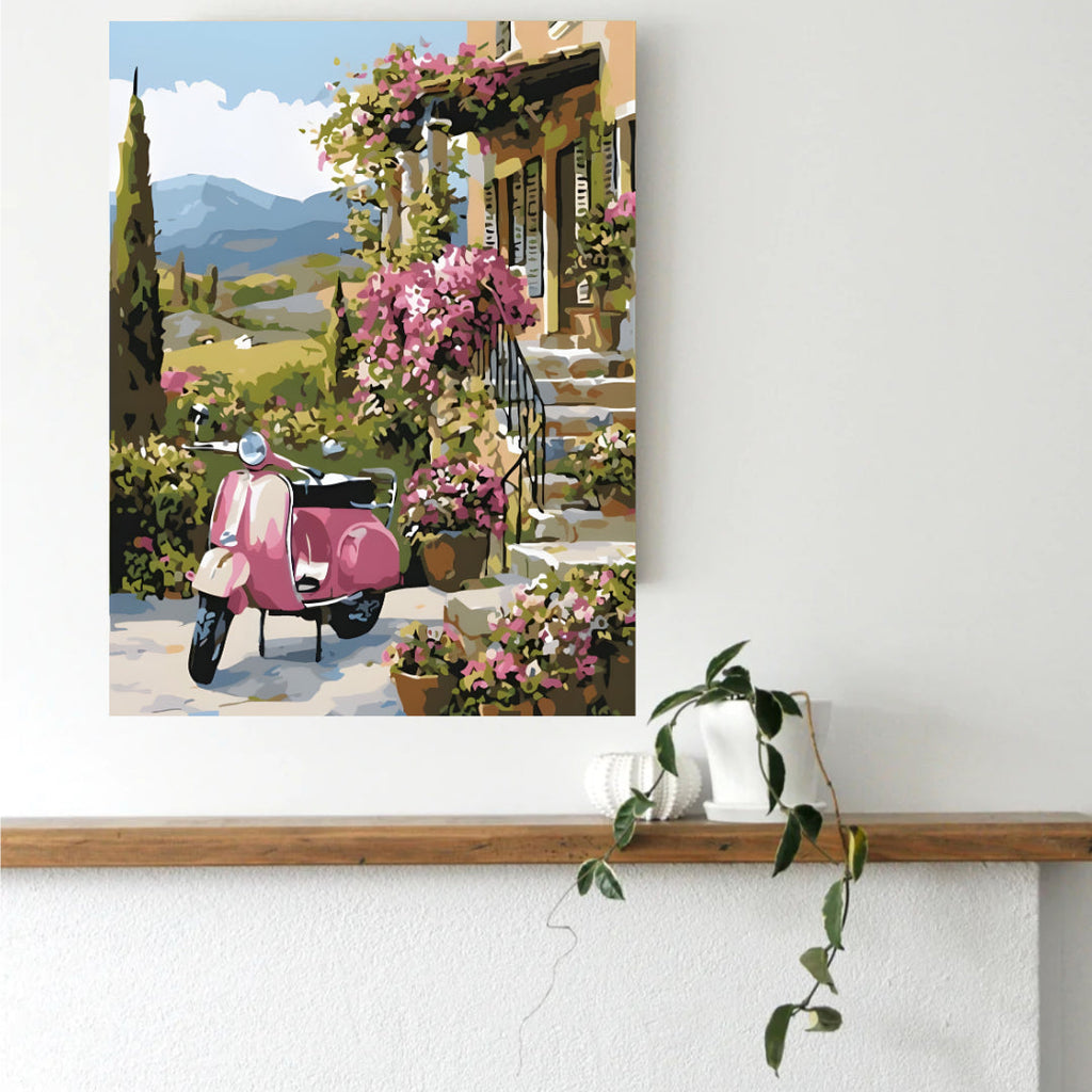 Vespa Escape paint by numbers canvas styled as wall art in an entryway