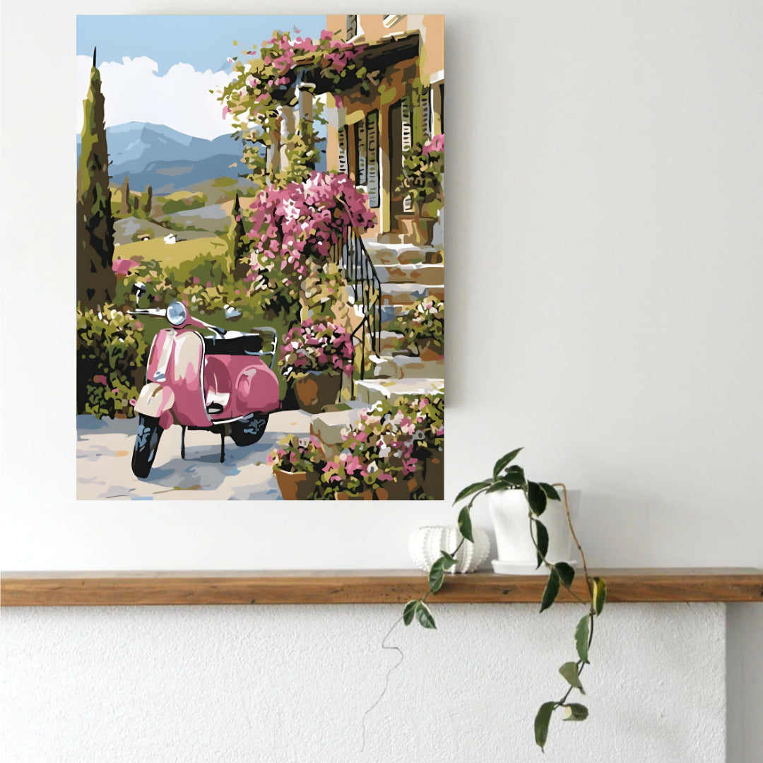 Vespa Escape paint by numbers canvas styled as wall art in an entryway